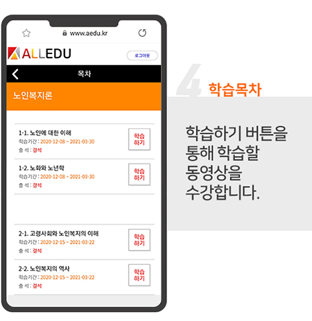 학습목차 학습하기버튼을 통해 학습할 영상을 수강합니다.